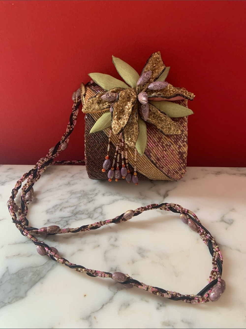 Mary Frances Embellished Floral Evening Crossbody Bag in Olive, Gold, Pink Brown